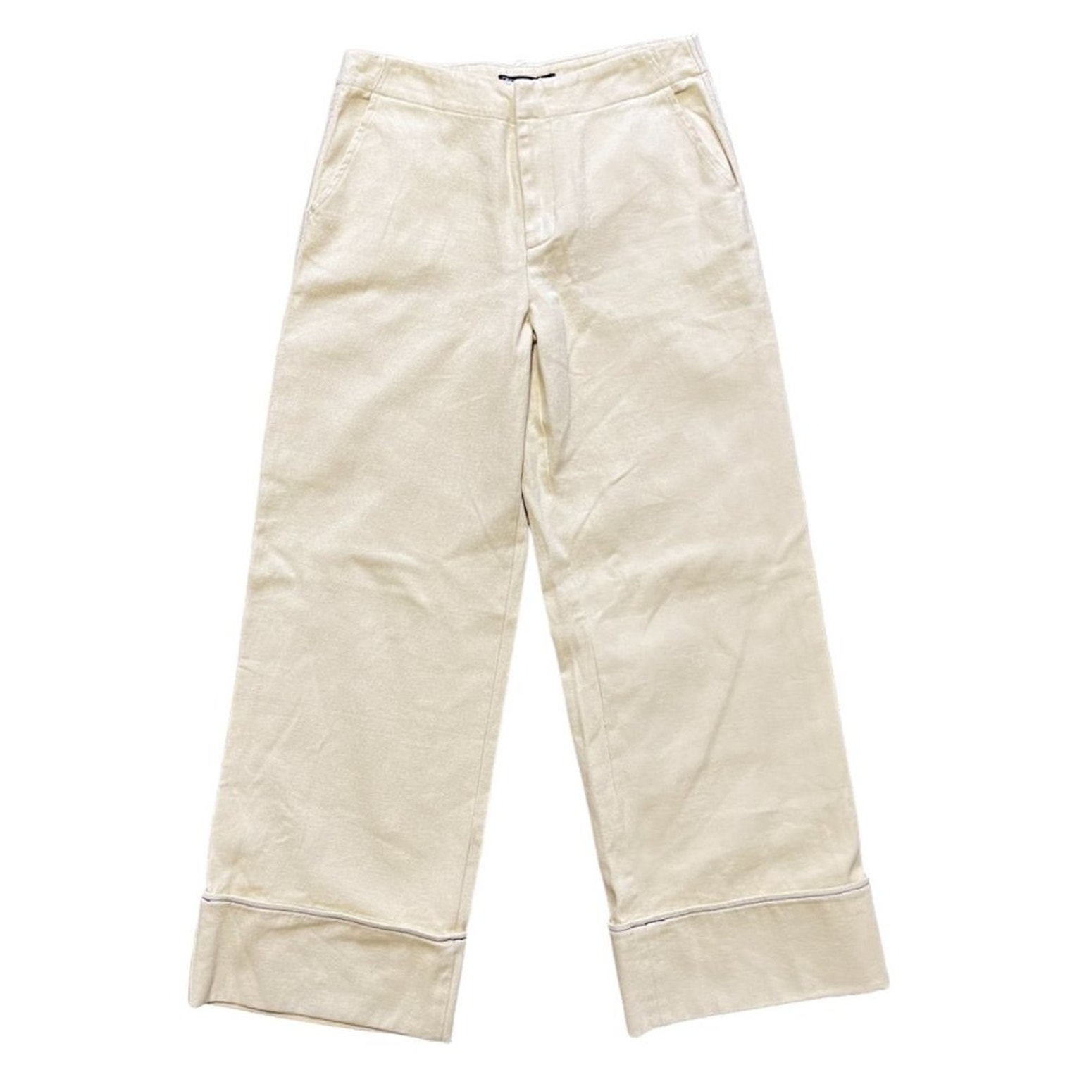 Nwt Zara Wide Leg Rolled Cuff Carpenter Jeans In Eggshell Sz M
